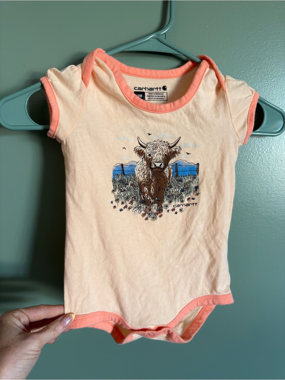 Carhartt Peach and Coral Cow Graphic One-Piece Bodysuit